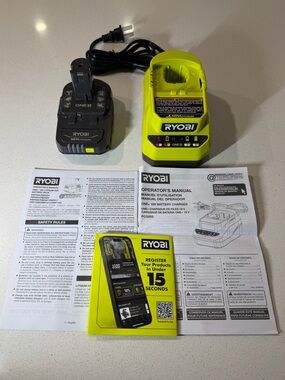 Ryobi ONE+ 18V Battery and Charger Kit with manuals.